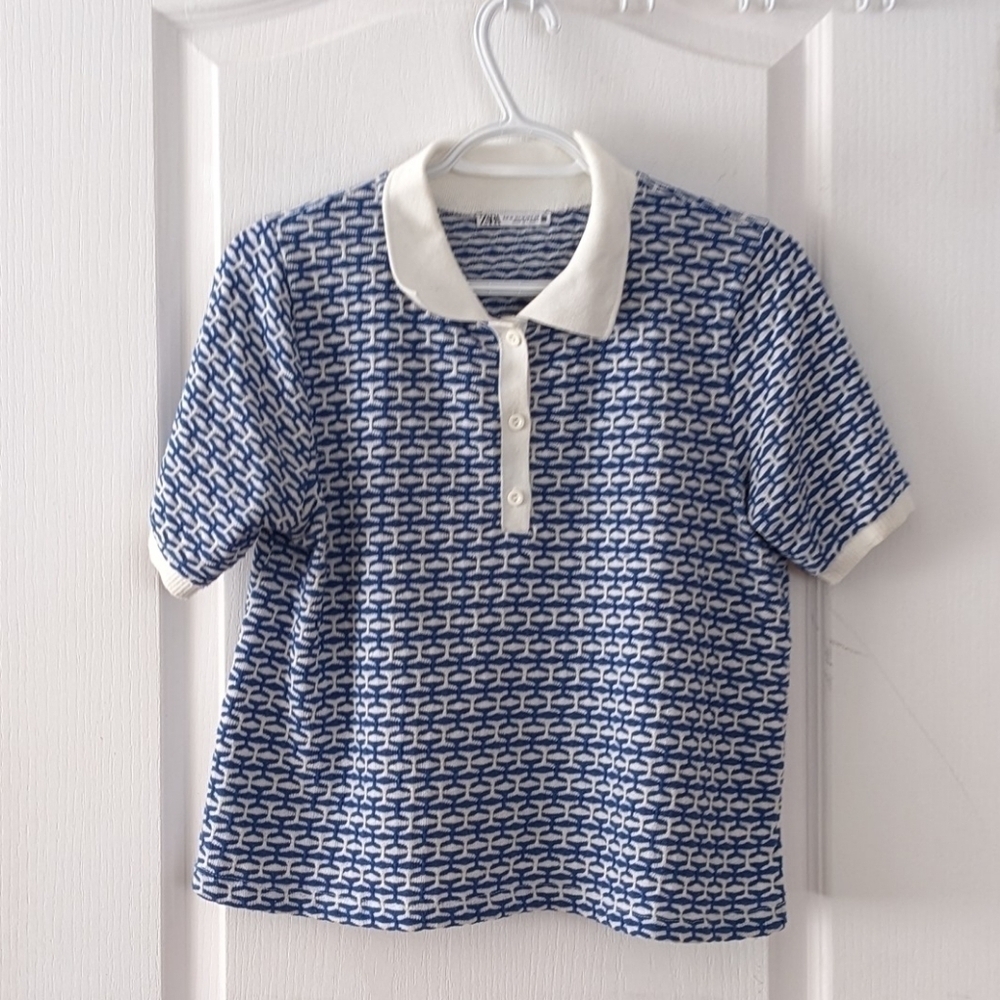 Zara geometric print knit polo blue white medium @E - Picture 10 of 11